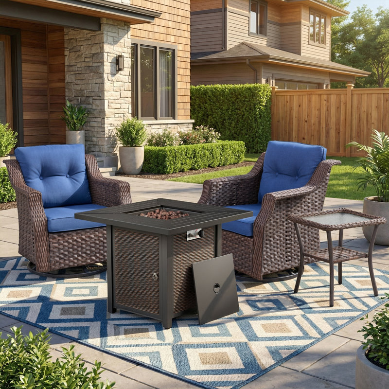 Ensemble de chaises pivotantes en rotin d'extérieur avec table d'appoint et foyer, Bleu