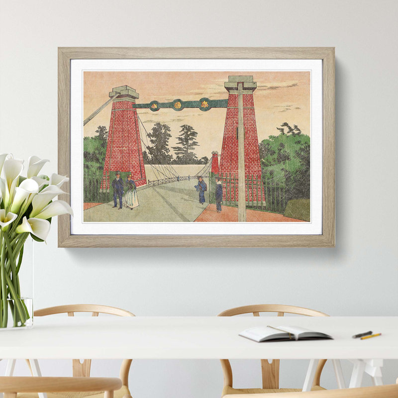 Suspension Bridge by Kobayashi Kiyochika - Picture Frame Painting Print, 36cm H x 48cm W x 2cm D, Oak Framed