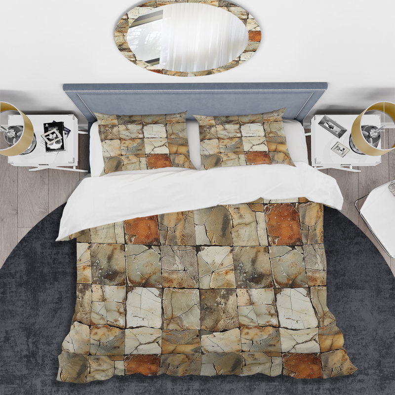 Ensemble de housse de couette Beige Brown Tiles - Tiles, Housse de couette pour grand lit et 2 taies décor