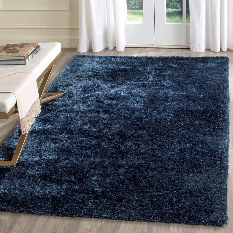 Tapis bleu marine à poils longs Chamiyah , Rectangle 8 pi x 10 pi