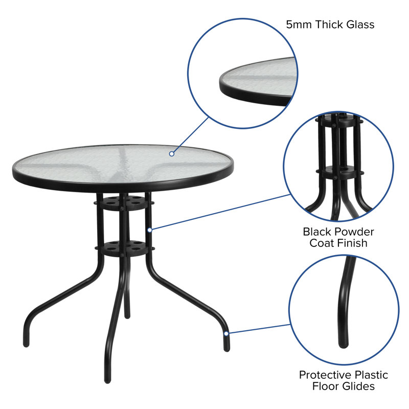 Amlie 31.5" Round Tempered Glass Metal Table with Smooth Ripple Design Top, Black