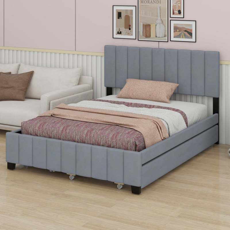 Lit plateforme tapissier avec 2 tiroirs et lit gigogne, gris