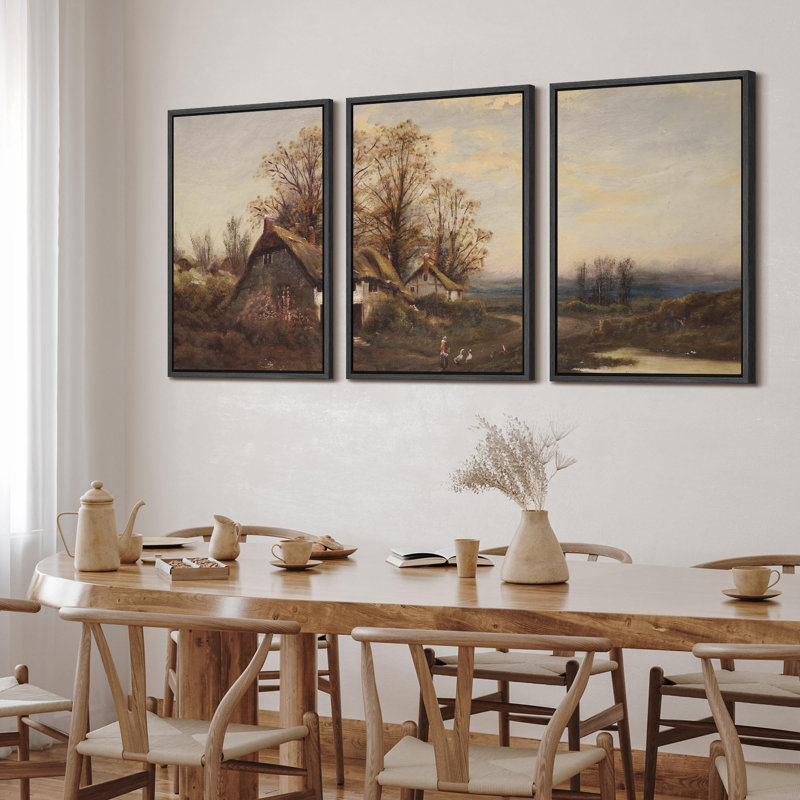 " Countryside Cottage Rustic Nature Landscape Illustrations Modern Art Decor Rustic " 3 - Pieces, Noir