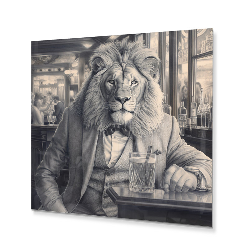 Lion prenant un verre - décoration murale animaux en métal, H 29 po x l 29 po x P 1 po