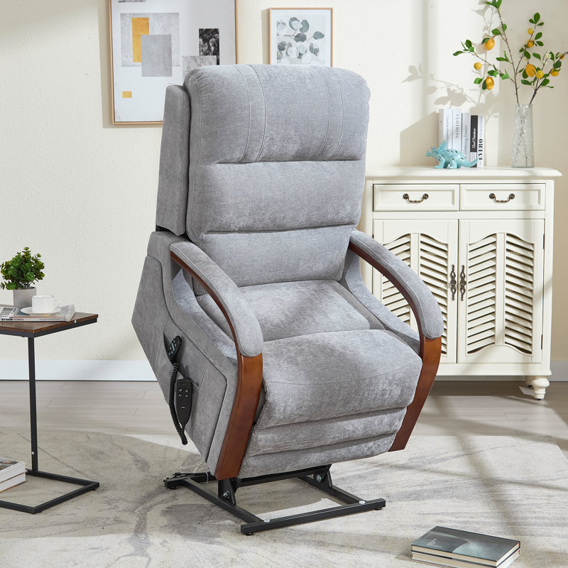 Aura Dual Motor Power Lift Chenille 180° Recliner With Wooden Armrests, Heated Massage, Side Pockets, Gray