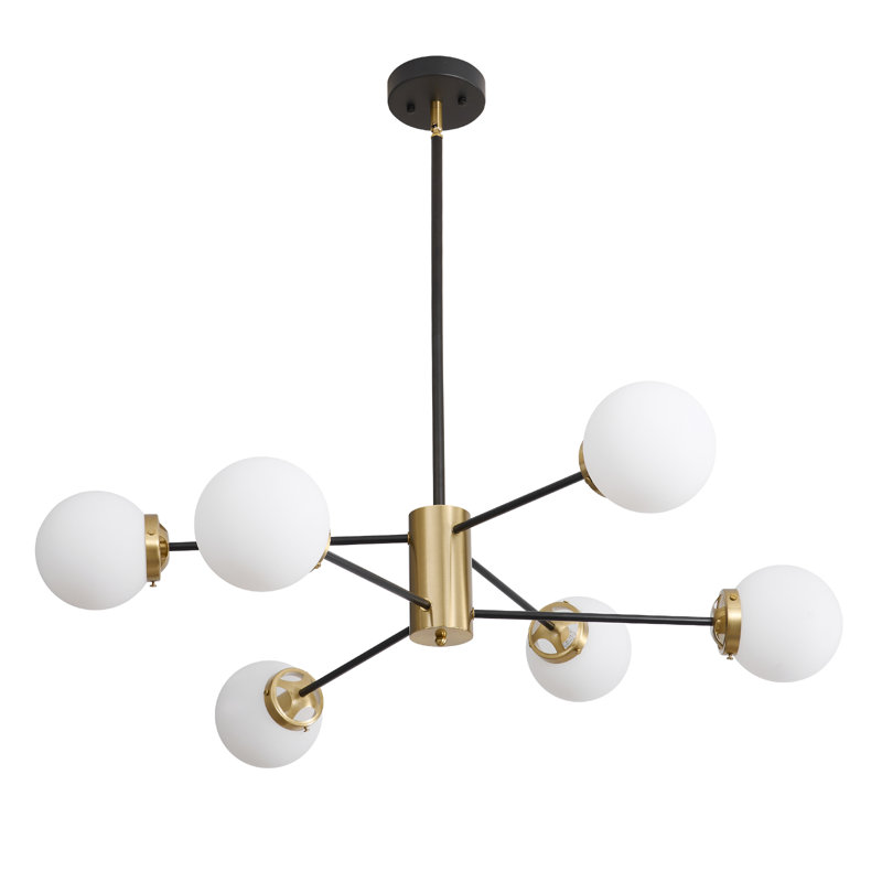 Lustre spoutnik linéaire moderne à 6 lumières Asumi avec abat-jour en verre blanc laiteux, Noir mat / Or