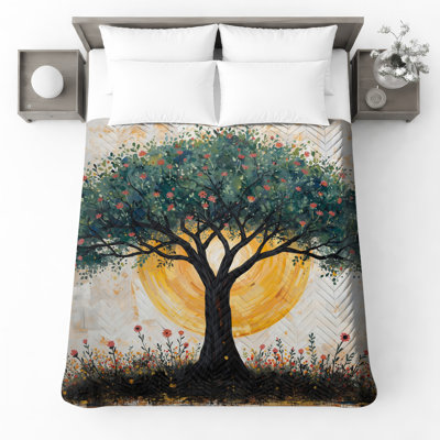Couvre-lit matelassé arbre sur fond soleil toutes tailles