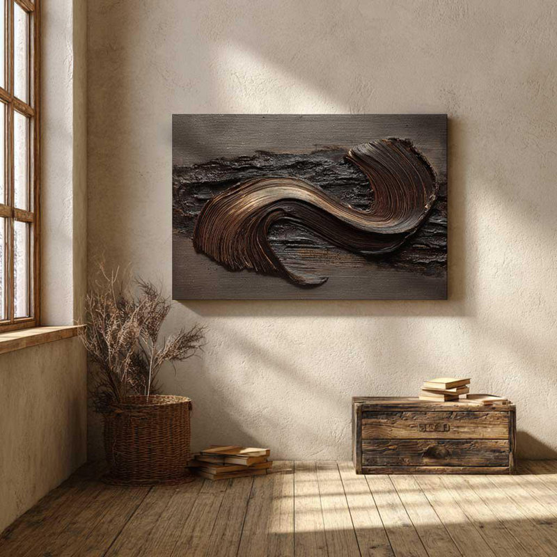 Art texturé en bronze, impression abstraite coup de pinceau - décor industriel foncé, toile de cuivre métallique pour maison moderne Wabi Sabi