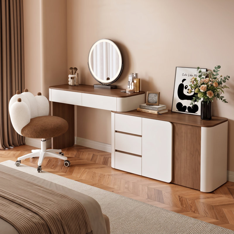 Bureau de coiffeuse moderne et extensible pour femmes et filles avec 5 tiroirs, 2 tablettes de rangement et un design sans poignée, blanc et noyer