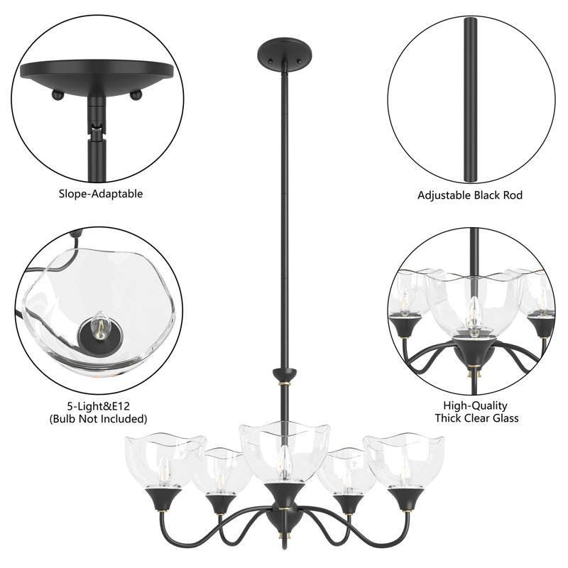 26" W 5-Light Dimmable Spider Chandelier, Matte Black
