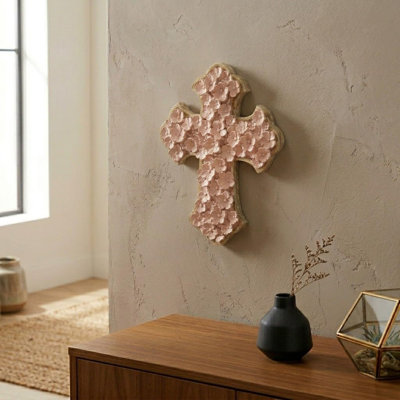 Raised Flower Blossom Pastel Coral Pink 12 X 9 Resin Stone Hanging Wall Cross