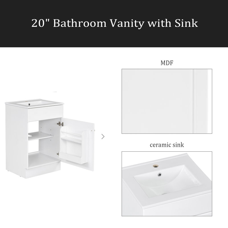 Meuble-lavabo de 20 po avec lavabo, meuble-lavabo avec tablette de porte et tablette réglable, White