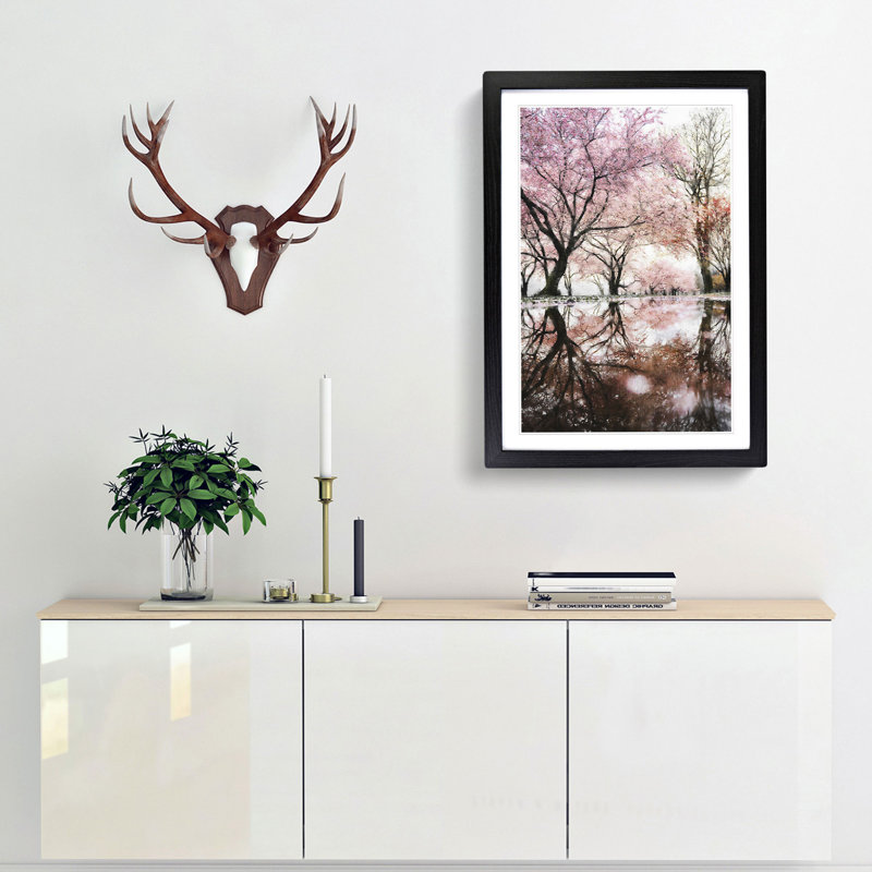 Reflection Of The Pink Blossom Trees - Single Picture Frame Painting on MDF, 63cm H x 45cm W x 2cm D, Black Framed