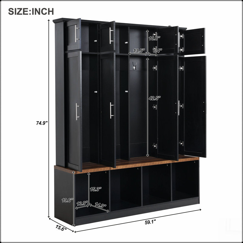 Multi-Functional Hall Tree with 4 Hidden Hanging Hooks, Wood Grain Bench, Black