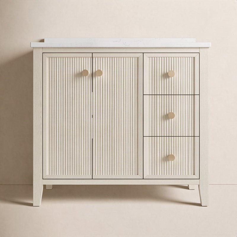 Meuble-lavabo autoportant en bois massif avec comptoir en quartz blanc Carrera et lavabo encastré encastré Kristine l 36 po x H 35 po