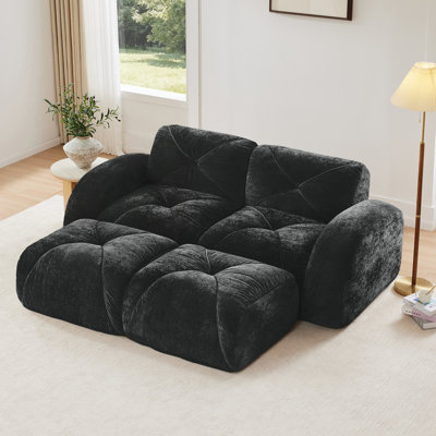 Canapé en velours désossé en U avec capitonnage, mousse 32D haute densité, aucun assemblage requis, repose-pieds mobile