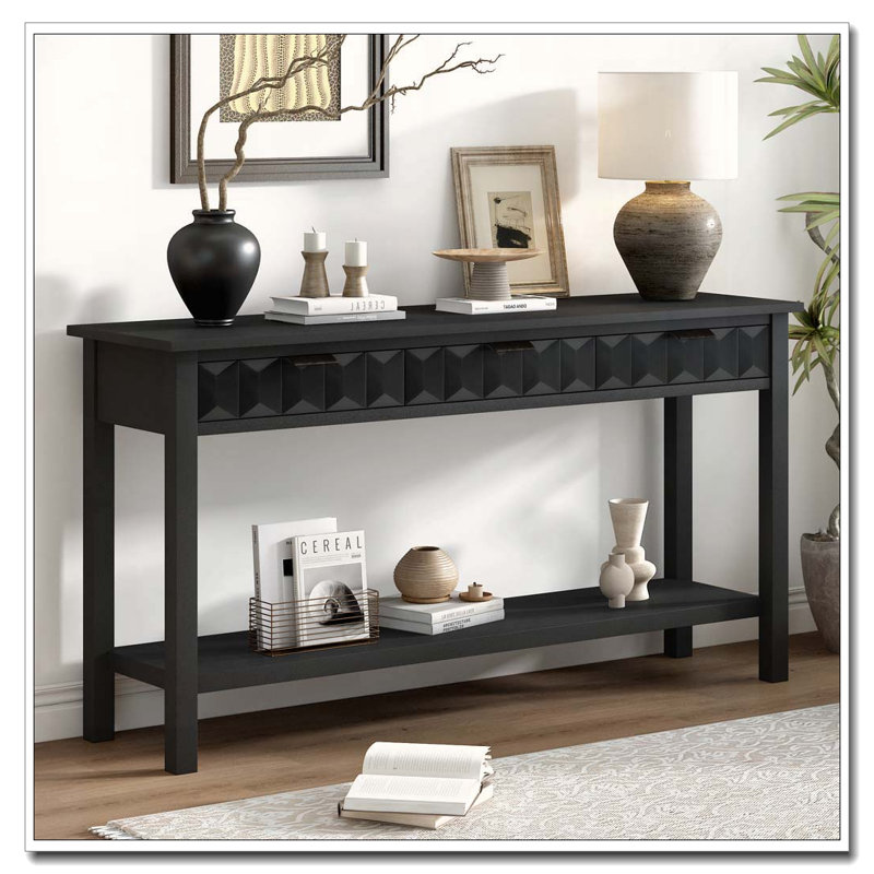 60'' Fir Veneer Entryway Table with Honeycomb-patterned Fronts,Modern Stylish Console Table, Black