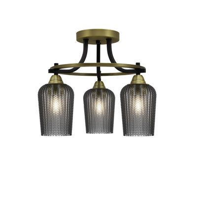 Paramount 3 Light Semi-Flush Shown In Matte Black & Brass Finish With 5" Smoke Textured Glass