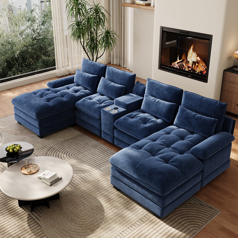 Oversized 130"W 4 Piece U-Shape Sectional With Console & Cup Holders, Blue
