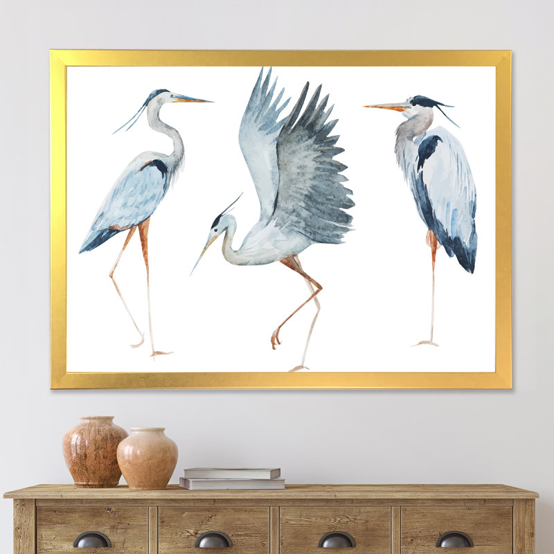 Heron oiseaux II - peinture sur toile encadrée, H 30 po x l 40 po x 1,5 po, Encadrement doré