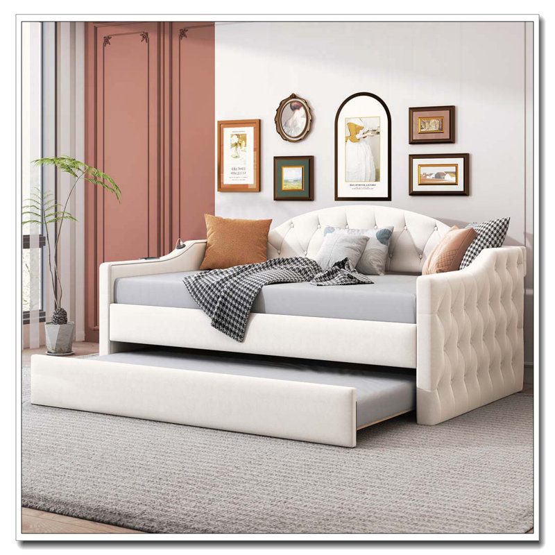 Twin Size Tufted Upholstered Daybed with Trundle, Velvet & USB/Type-C Charging, Beige