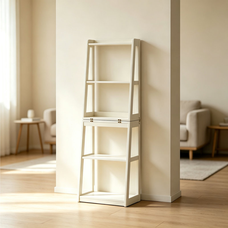 Bibliothèque de rangement trapézoïdale en bois d'hévéa, Cream