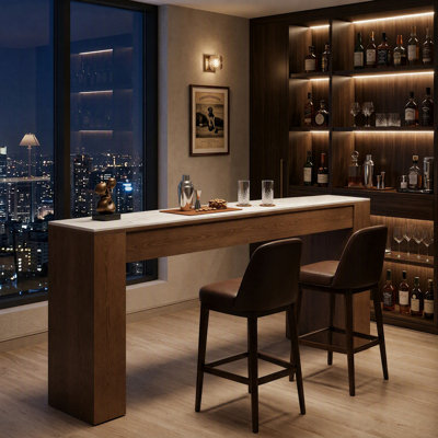 70.87" Long Bar Table with Sintered Stone Tabletop, Counter Height Bar Table, High Top Bar Table for Pub, home bar, Living Room, White & Brown