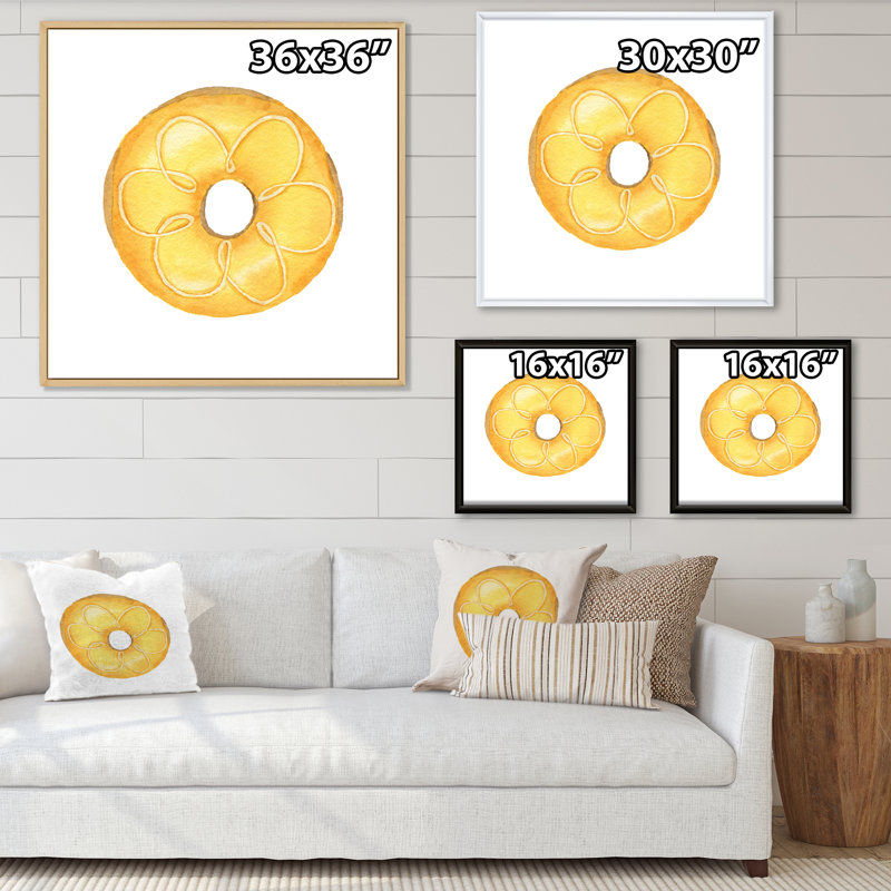 Donut jaune sur blanc - peinture sur toile, Cadre noir, H 37 po x l 37 po x P 1,5 po