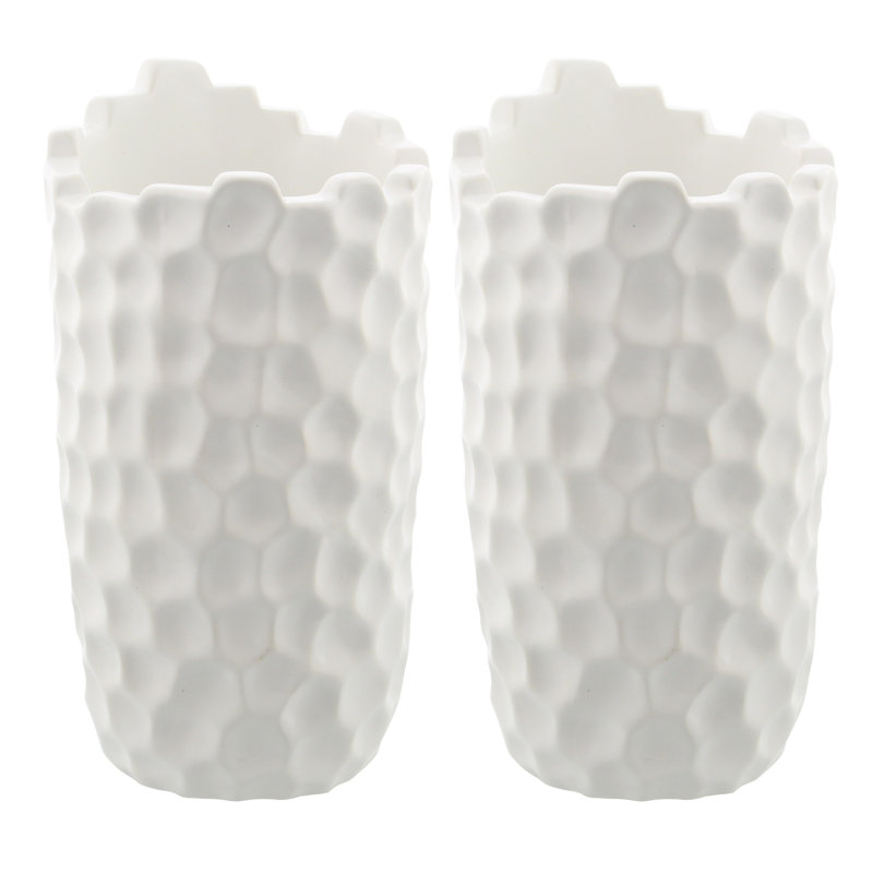 Porcelain Ceramic Decorative White Vase with Hammered Design, 9" H