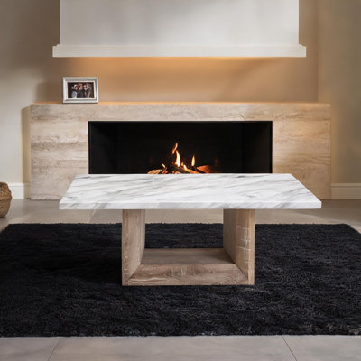 Table basse contemporaine en marbre avec base piédestal noir de jais, plateau rectangulaire ivoire, 52 po