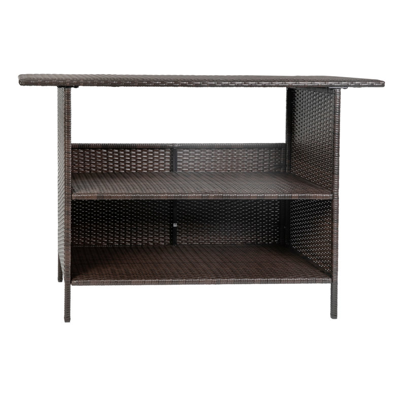 Rimah Rectangular Indoor/Outdoor Wicker Rattan Patio Bar Counter Table with Two Shelves, Brown, Brown