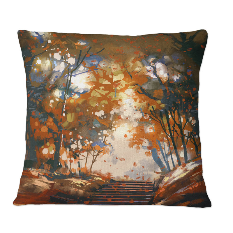 Escalier avec arbres dans le parc - Coussin décoratif à imprimé traditionnel, 16 po x 16 po