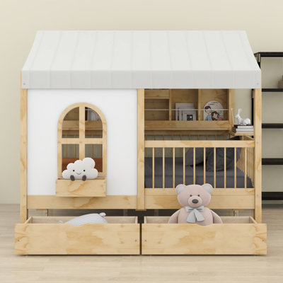 House Bed With 2 Large Drawers, Side Bookshelf With LED Strip