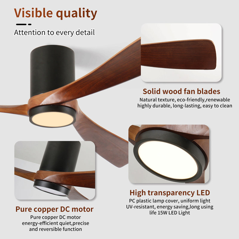 60 pouces Ventilateur de plafond encastré noir mat intérieur / extérieur à DEL avec pales en bois, télécommande CC 6 vitesses
