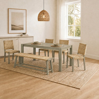 Ensemble de table de salle à manger extensible 6 pièces en bois pour 6, 59 "à 73" table de cuisine extensible avec 4 chaises de salle à manger en rotin et 1 banc, sièges tissés naturels, ensemble de mobilier de salle à manger de style campagne moderne, taupe clair