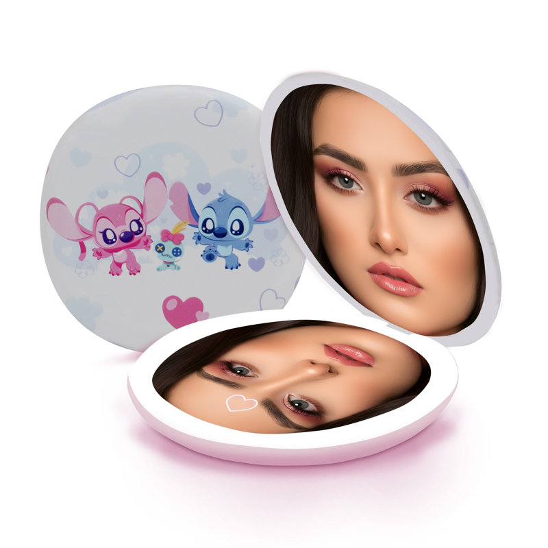 Head In The Clouds Stitch LED Compact Mirror with 3x Magnified Top Mirror, Stitch Artwork Small Round Mirror with LED Lighting