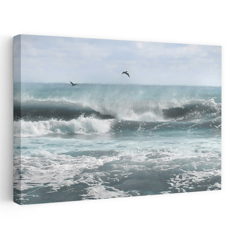 Oiseaux de mer parmi les vagues, art abstrait de paysage côtier, H 16 po x l 24 po