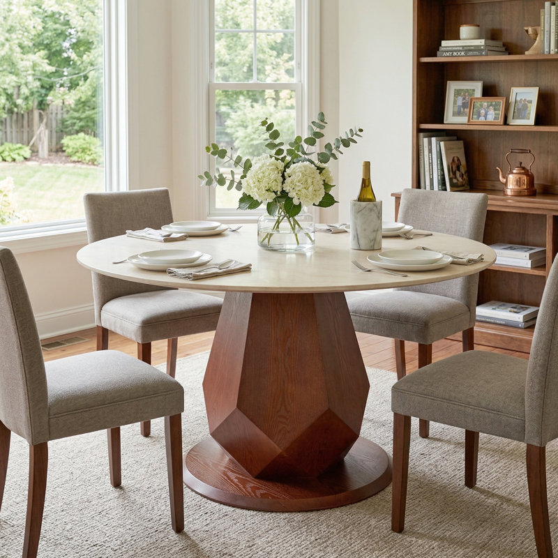   Matte Travertine Stone Top Dining Table For 4-8, Geometric Stable Pedestal Kitchen Table With Expanded Tray