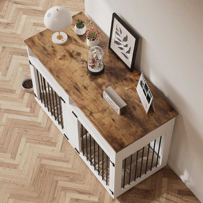 Meuble-cage pour chien, Blanc / Brun, H 35,03 po x l 55 po x P 23,62 po