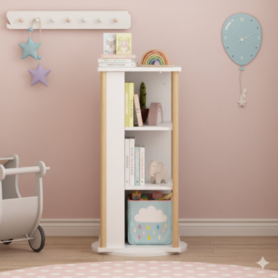Bibliothèque pivotante pour enfants à 360 degrés avec surface pour tableau noir, bibliothèque à trois niveaux pour plancher et bibliothèque de rangement de jouets, présentoir à livres pour tout-petits, chambre de bébé et salle de jeux (finition blanche et naturelle)