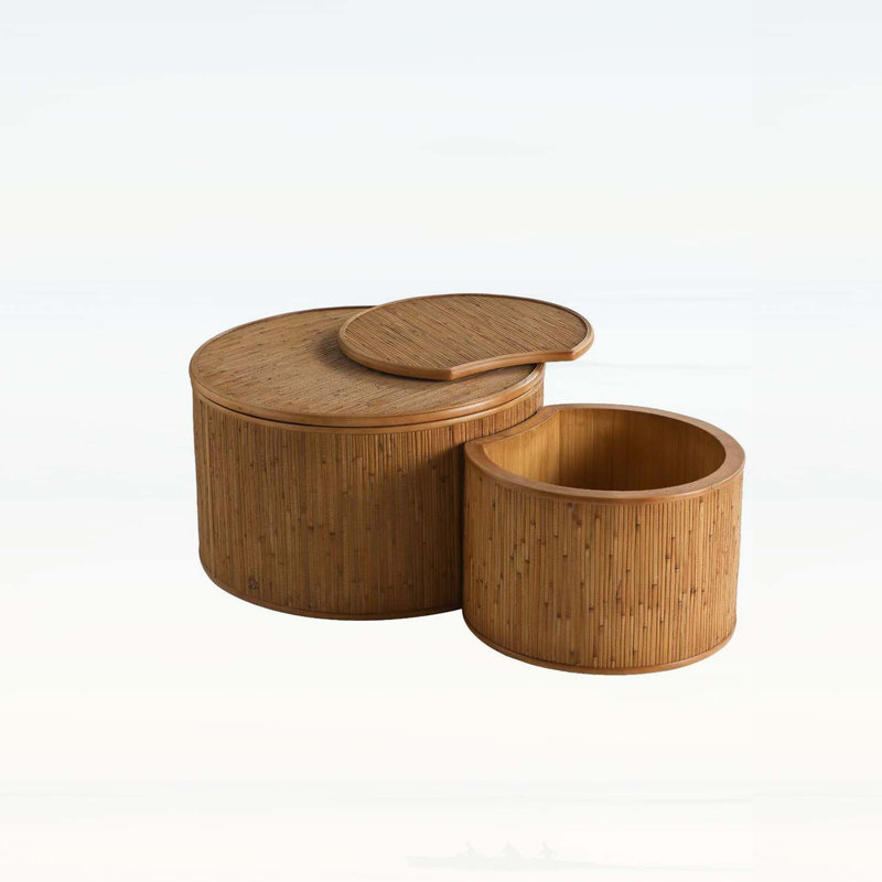 Vintage Rattan Coffee Table Set with Storage