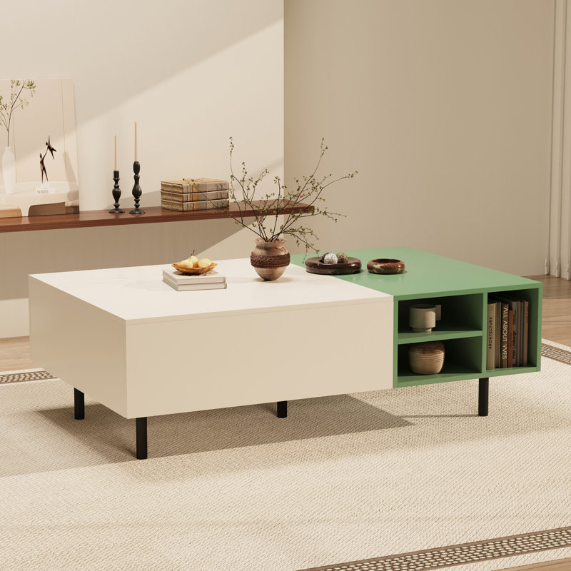 Table basse moderne à deux tons avec 2 tiroirs et tablettes ouvertes, poignée cachée Modern Living