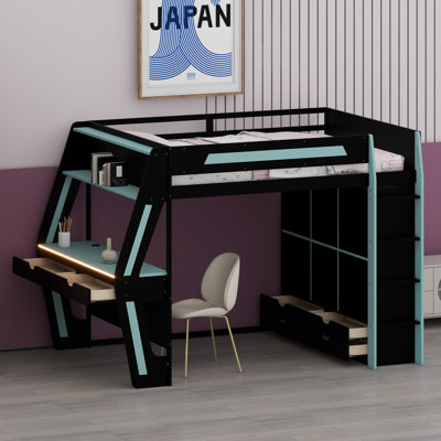 High Loft Gamer Bed with Built-in Desk, RGB Lighting and USB Charging, Storage Cubbies with Secure Staircase
