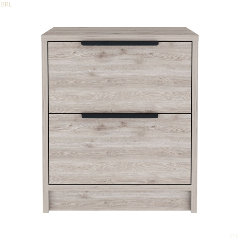Table de chevet Cervants, deux tiroirs, poignée en métal, Gris clair