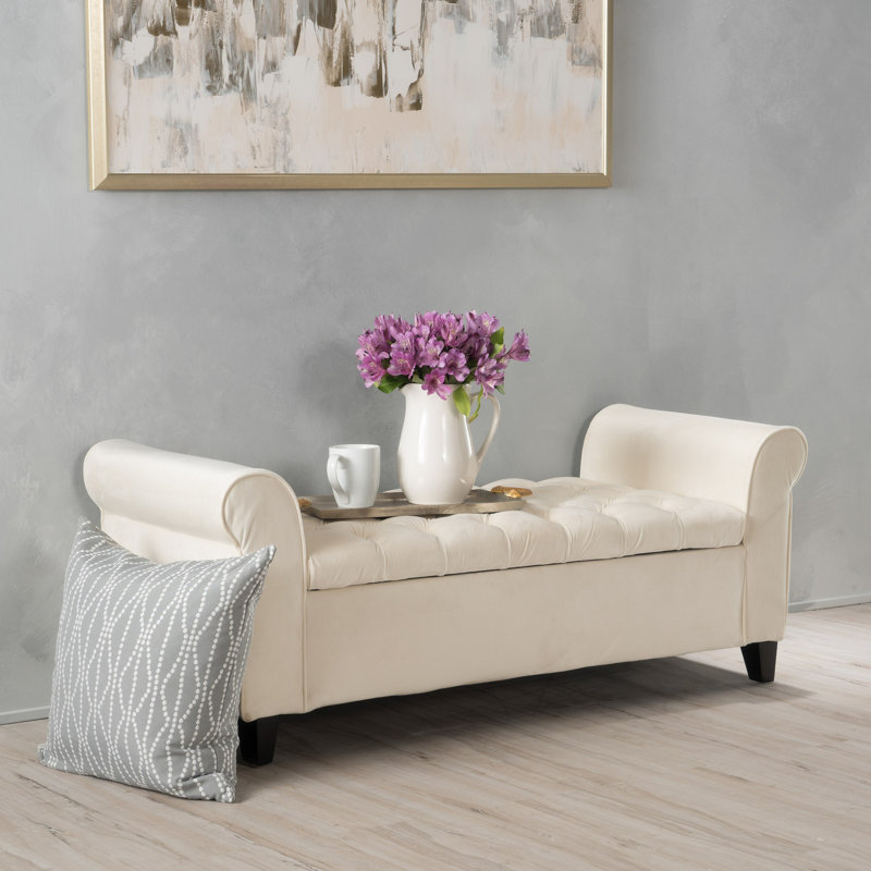 Banc de rangement en tissu avec accoudoirs roulés, pieds, conception en tissu à boutons, meubles d'entrée de salon de chambre à coucher