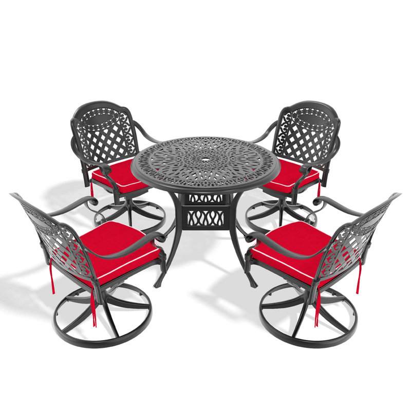 Ensemble de salle à manger 5 pièces en aluminium coulé résistant aux intempéries, comprenant des chaises pivotantes et une table ronde avec cadre