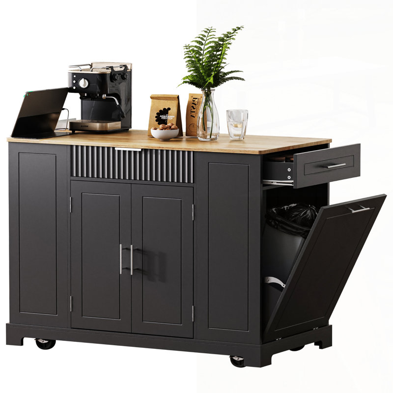 Fluted Kitchen Island With Trash Can Storage, Power Outlet, And Rolling Wheels For Enhanced Mobility And Organization, Black