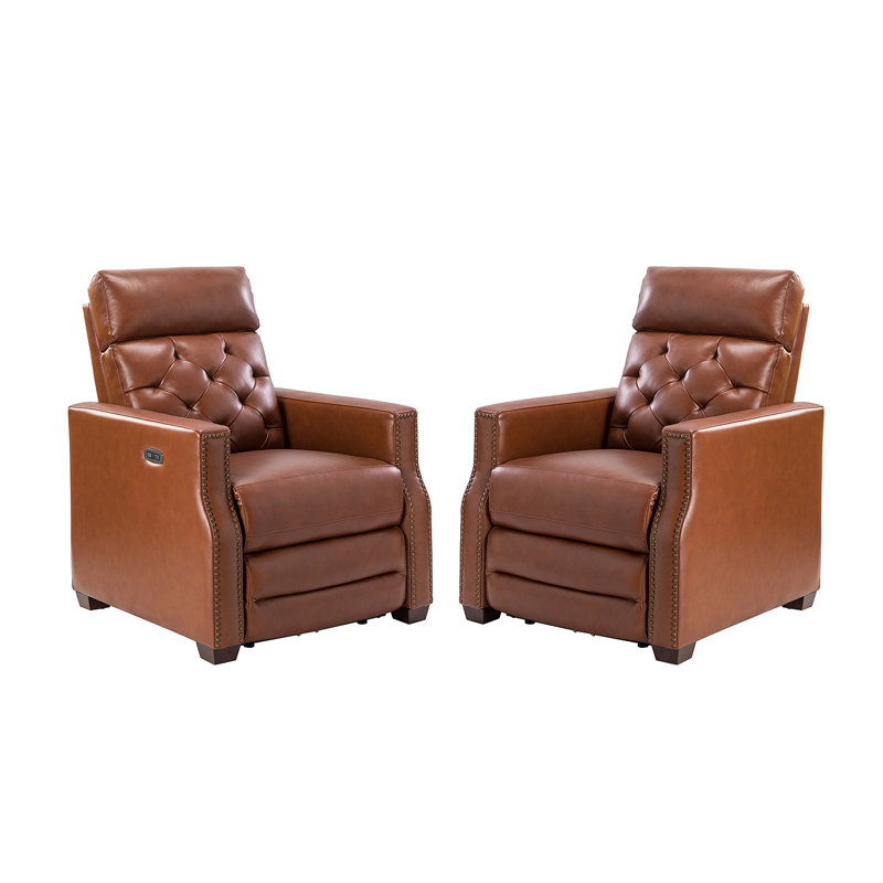 Gumesindo 31.50" Wide Genuine Leather Power Recliner, Brown Genuine Leather