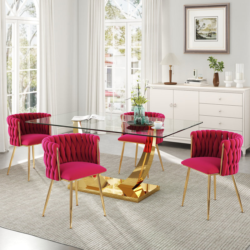 Ensemble de salle à manger rectangulaire à piédestal avec chaise tissée, Rose rouge, Doré