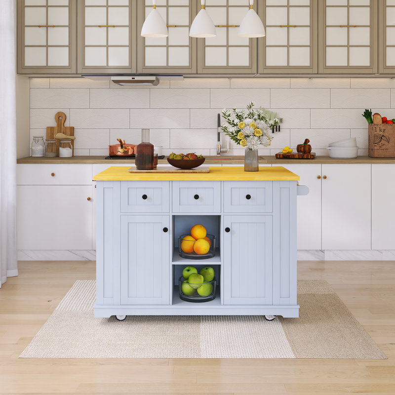 53" Drop-Leaf Countertop Kitchen Cart With Spice Rack & Towel Rack, Gray